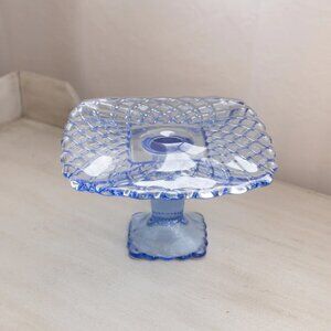 Vintage LE Smith Small Square Blue Glass Trellis Cake Stand